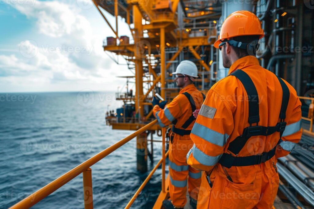ai-generated-group-of-oil-rig-workers-dressed-in-protective-gear-collaboratively-troubleshooting-a-piece-of-machinery-on-the-deck-of-an-offshore-oil-rig-photo